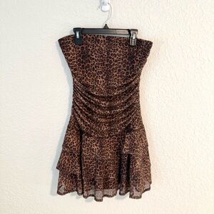 Strapless Leopard Print Ruffled Mini Dress